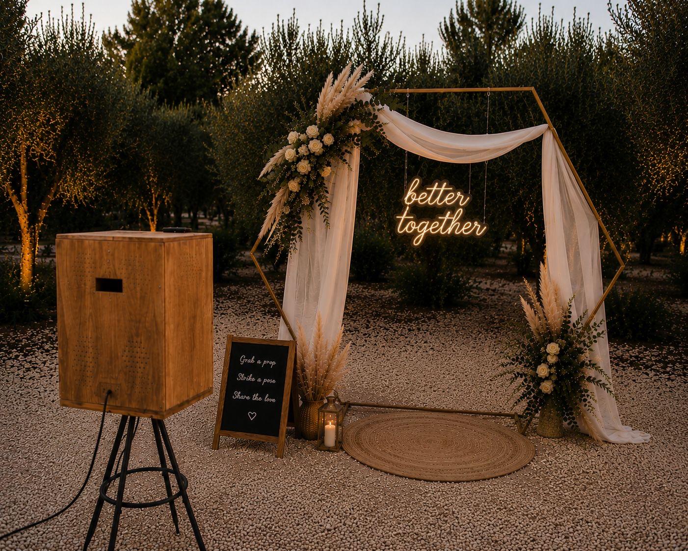 Fotomatón al aire libre con Margharet decorado boda Madrid · Ruliña Moments